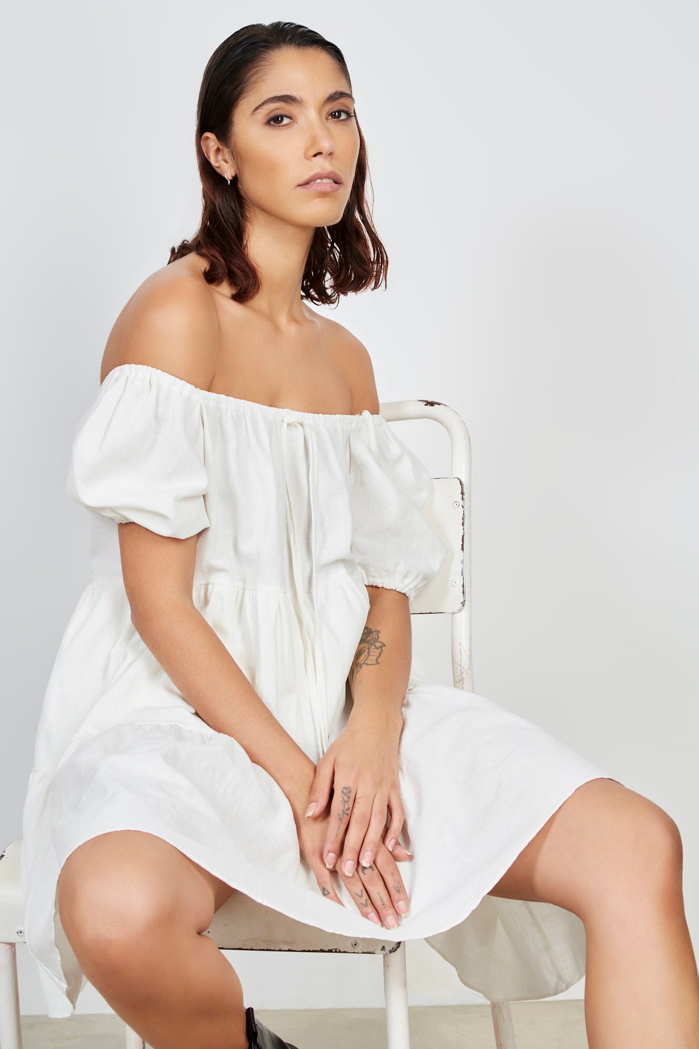 White tiered puff sleeve mini dress