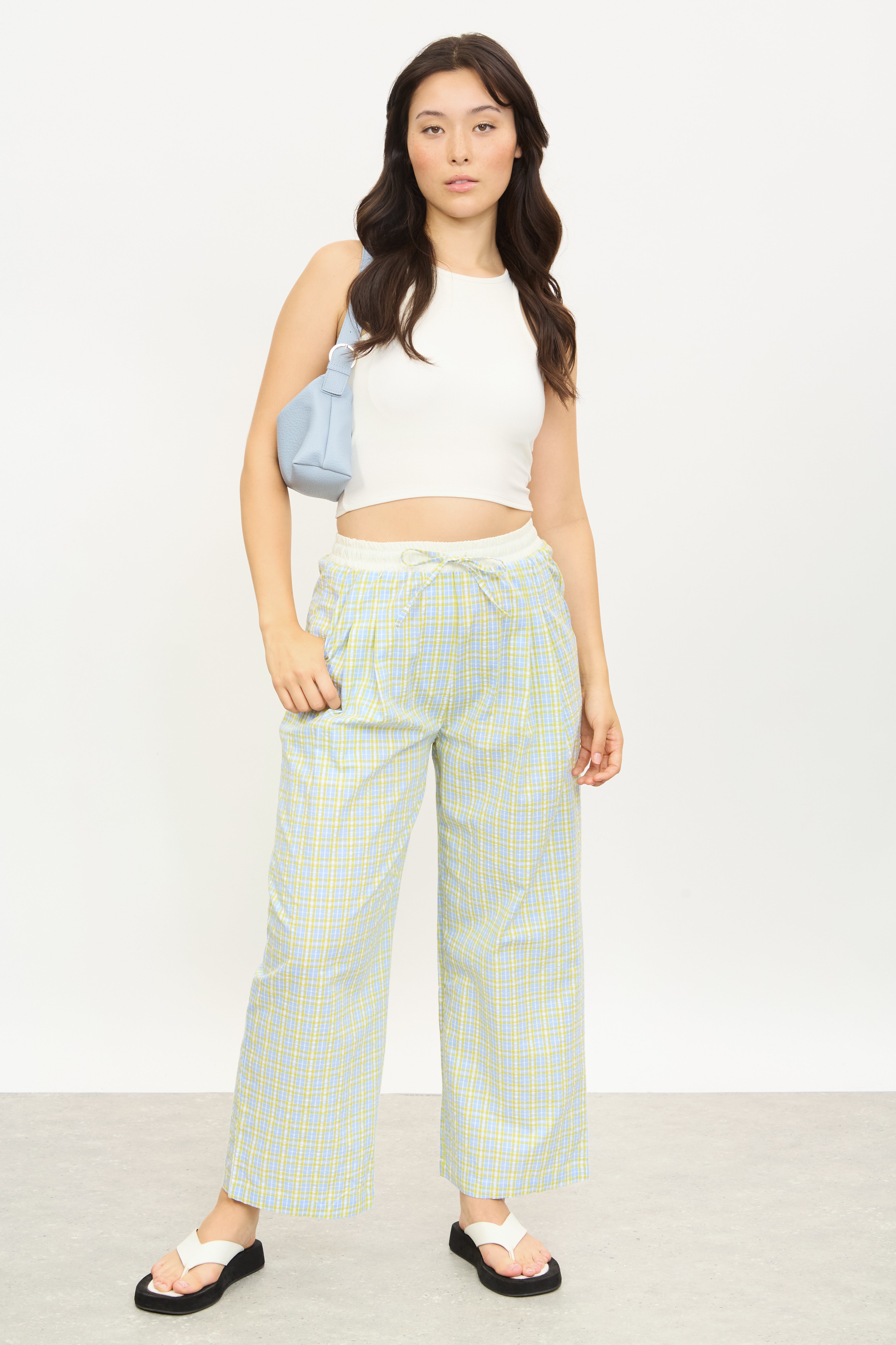 Yellow and blue checked tie waist trousers_4