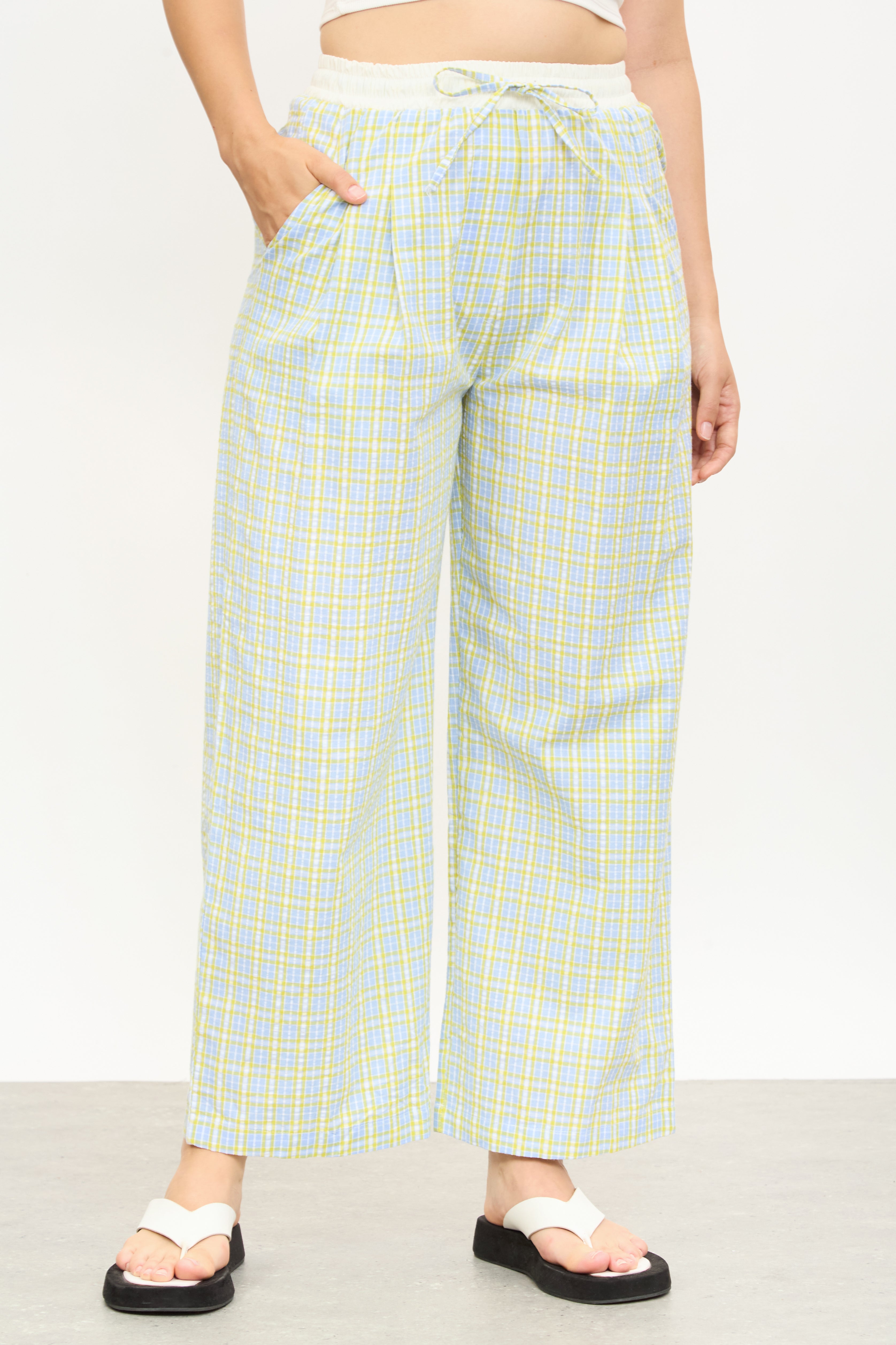 Yellow and blue checked tie waist trousers_1