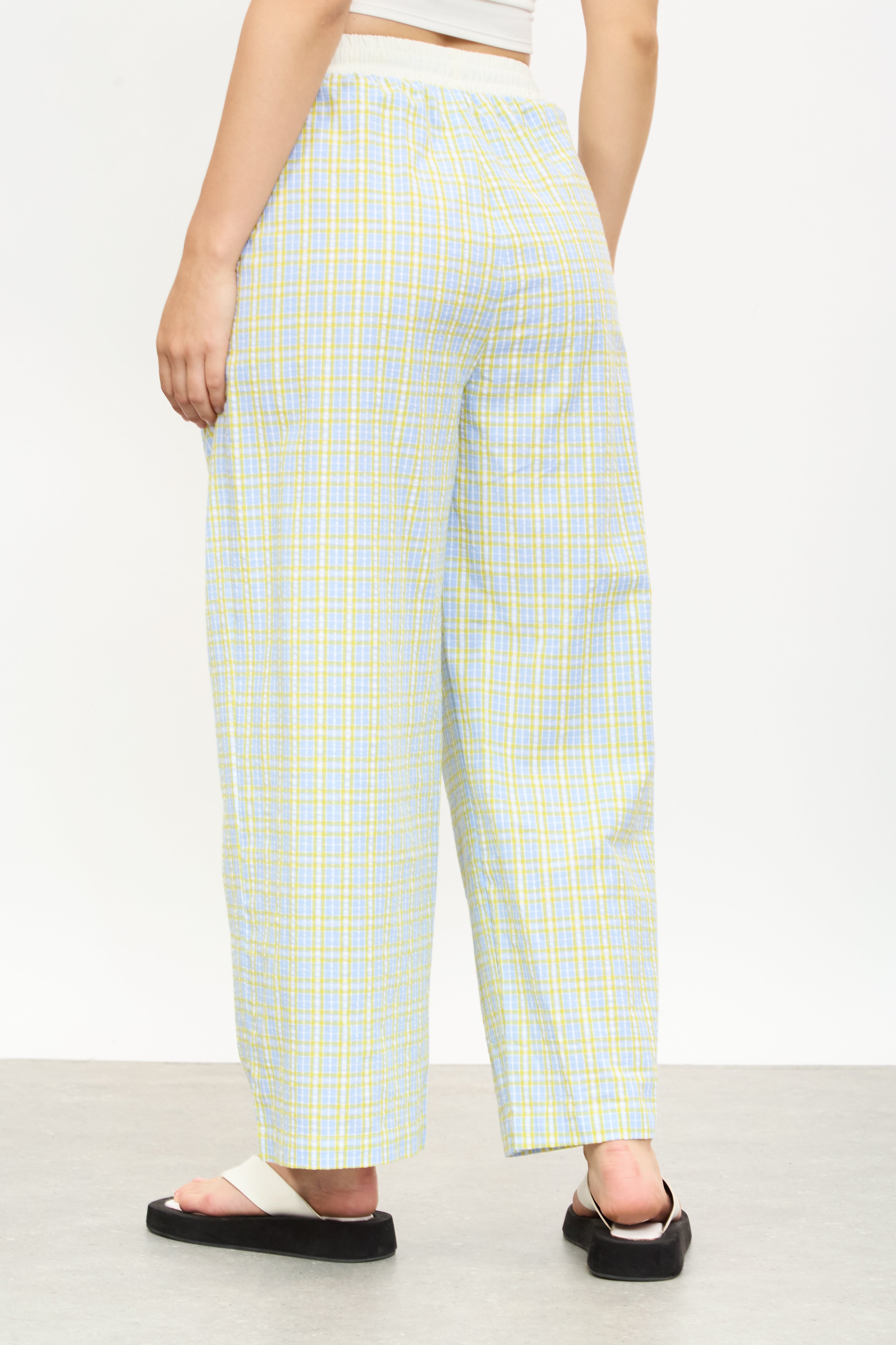 Yellow and blue checked tie waist trousers_2