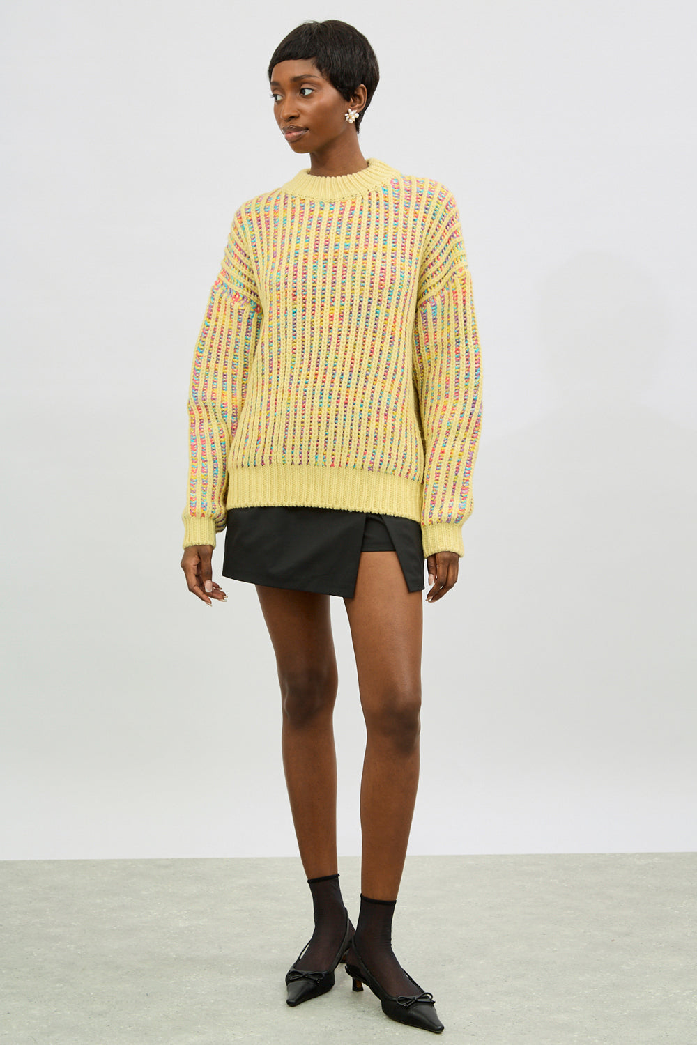 Yellow rainbow ribbed mock neck jumper