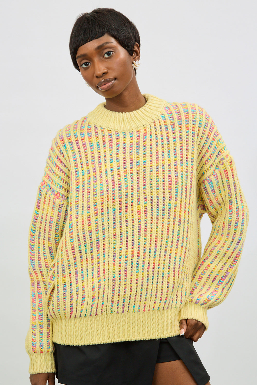 Yellow rainbow ribbed mock neck jumper