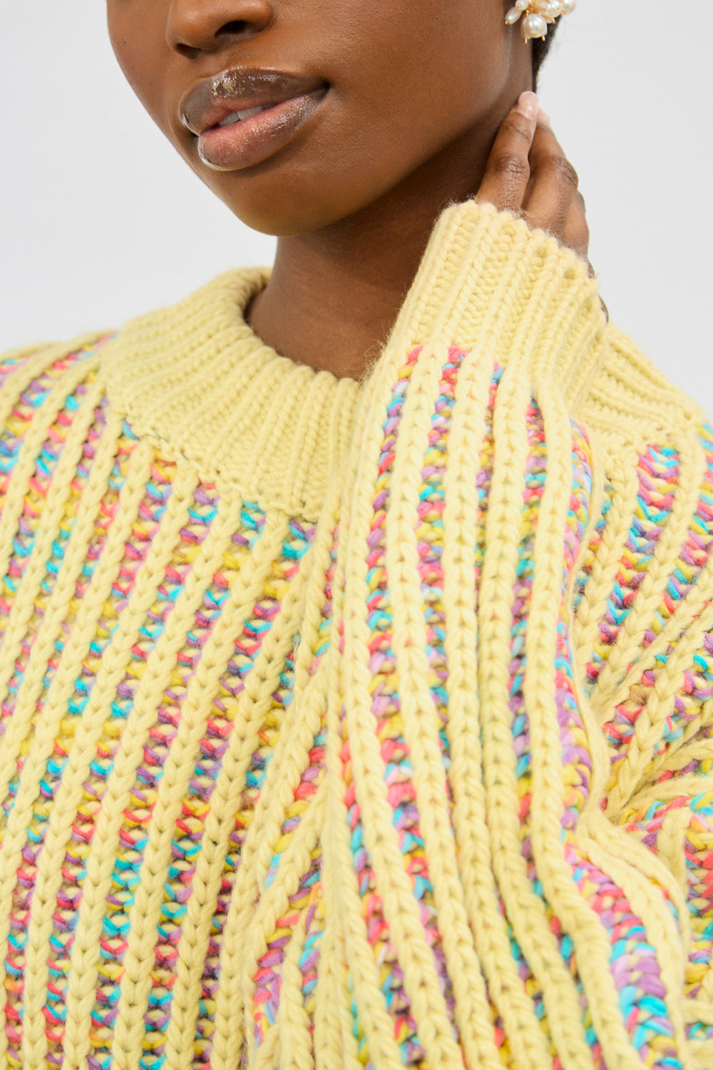 Yellow rainbow ribbed mock neck jumper