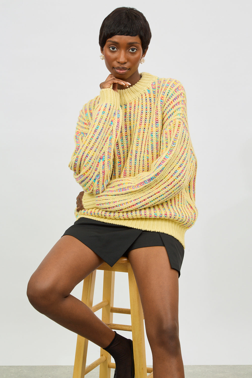 Yellow rainbow ribbed mock neck jumper