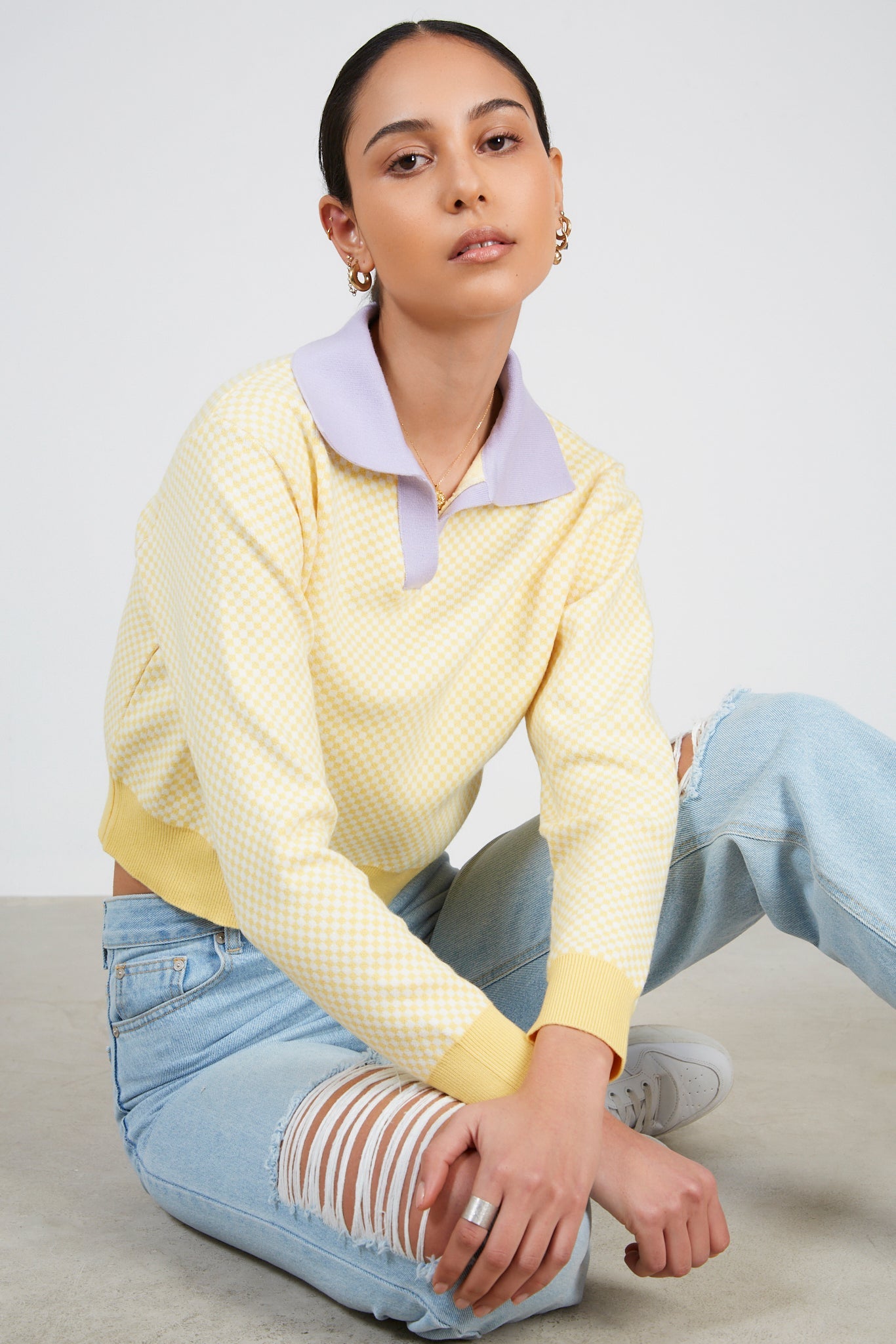 Yellow box check contrast collar jumper_5