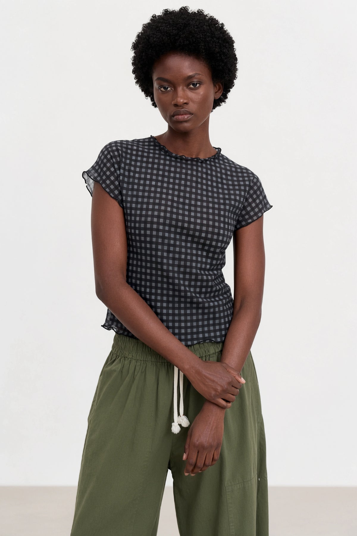 Black multicolour box check semi sheer high neck tee_1