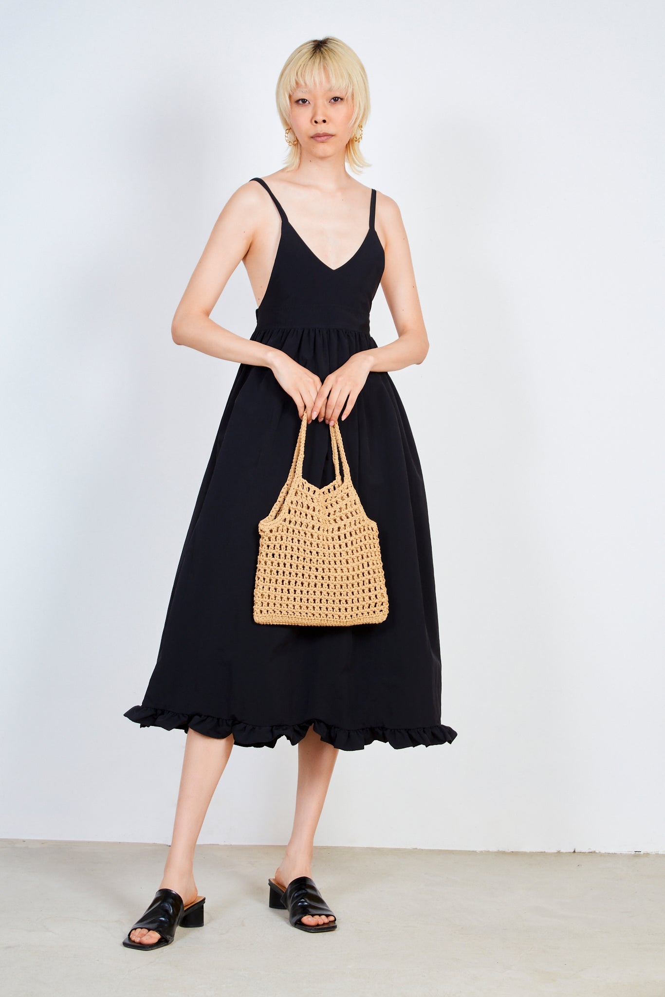 Black plunging back tie strap dress_1