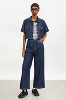 Blue denim contrast stitch wide leg jeans_4