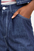 Blue denim contrast stitch wide leg jeans_3