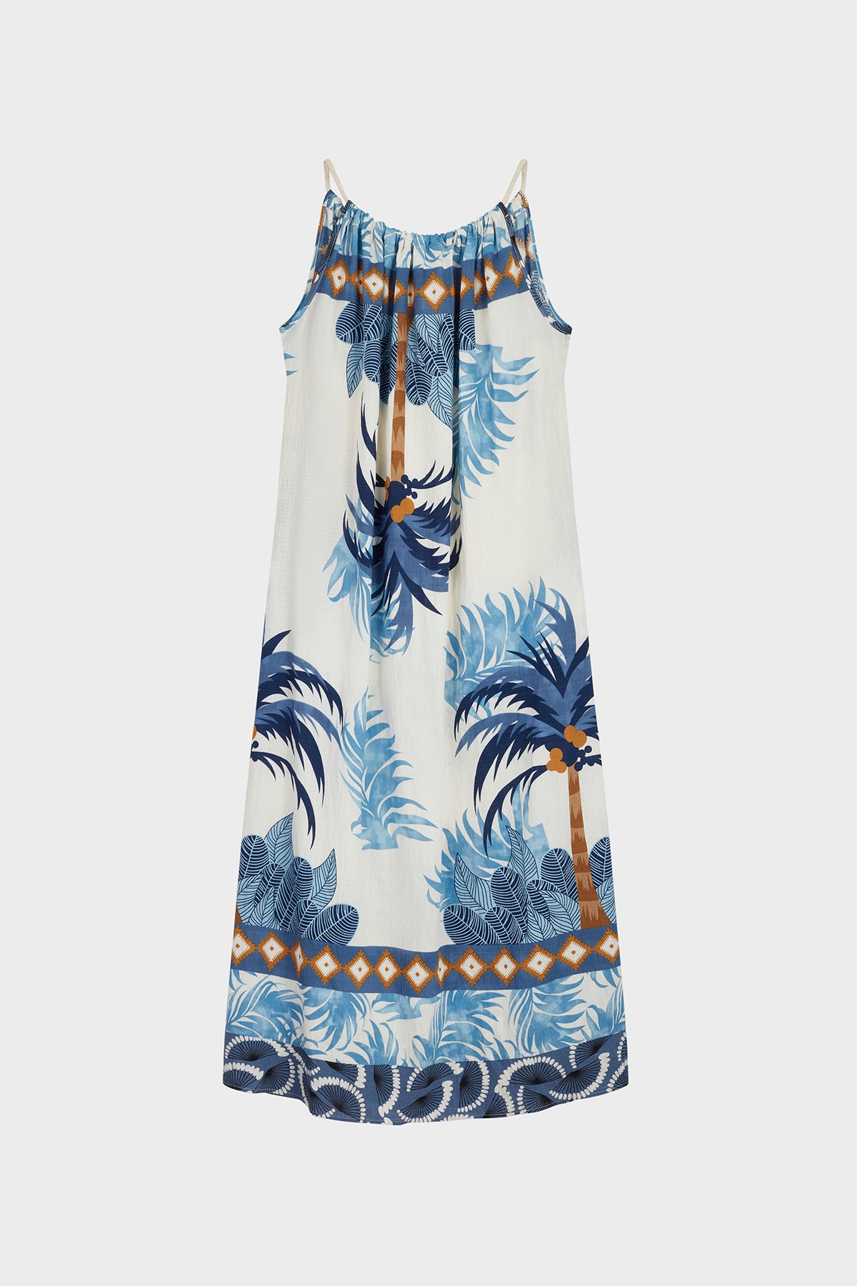 Blue tropical palm tree print linen blend maxi dress_2