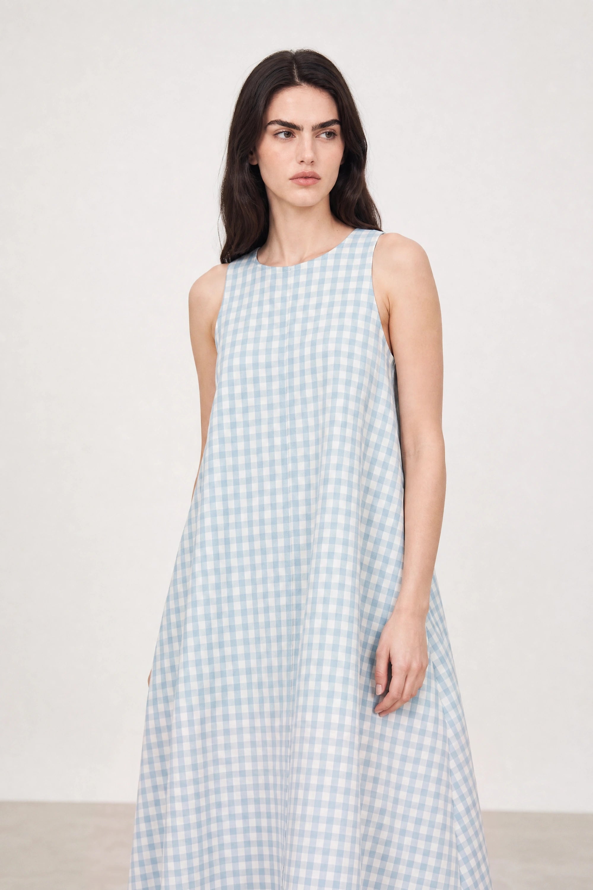 Blue large gingham checked side pocket dress_3