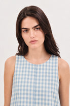 Blue large gingham checked side pocket dress_4