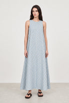 Blue large gingham checked side pocket dress_1