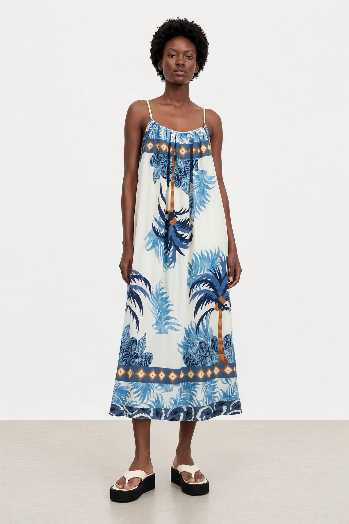 Blue tropical palm tree print linen blend maxi dress_1