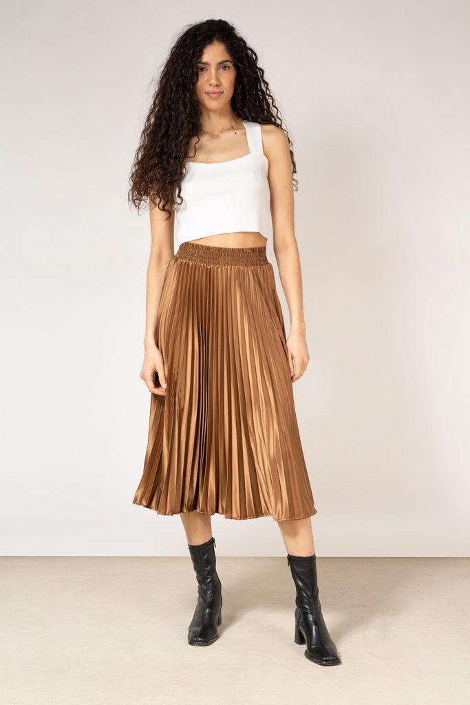 Brown satin pleated thick waistband skirt_1