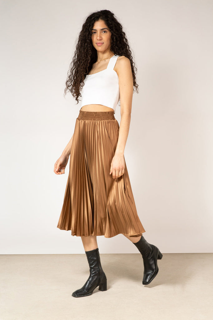 Brown satin pleated thick waistband skirt_4