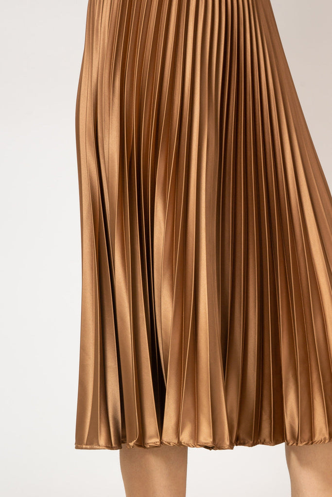 Brown satin pleated thick waistband skirt_2