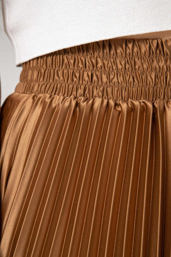 Brown satin pleated thick waistband skirt_3