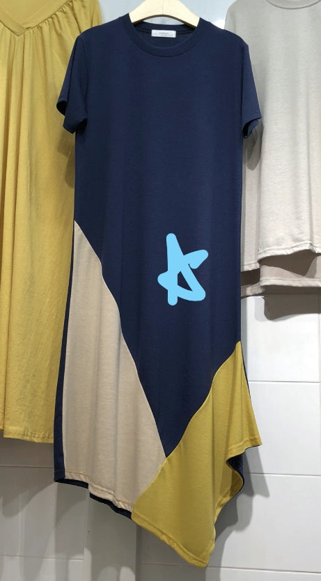 Navy and yellow color block asymmetric hem dress_1