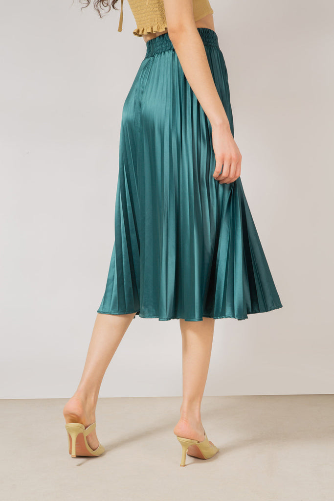 Deep green satin pleated thick waistband skirt_2