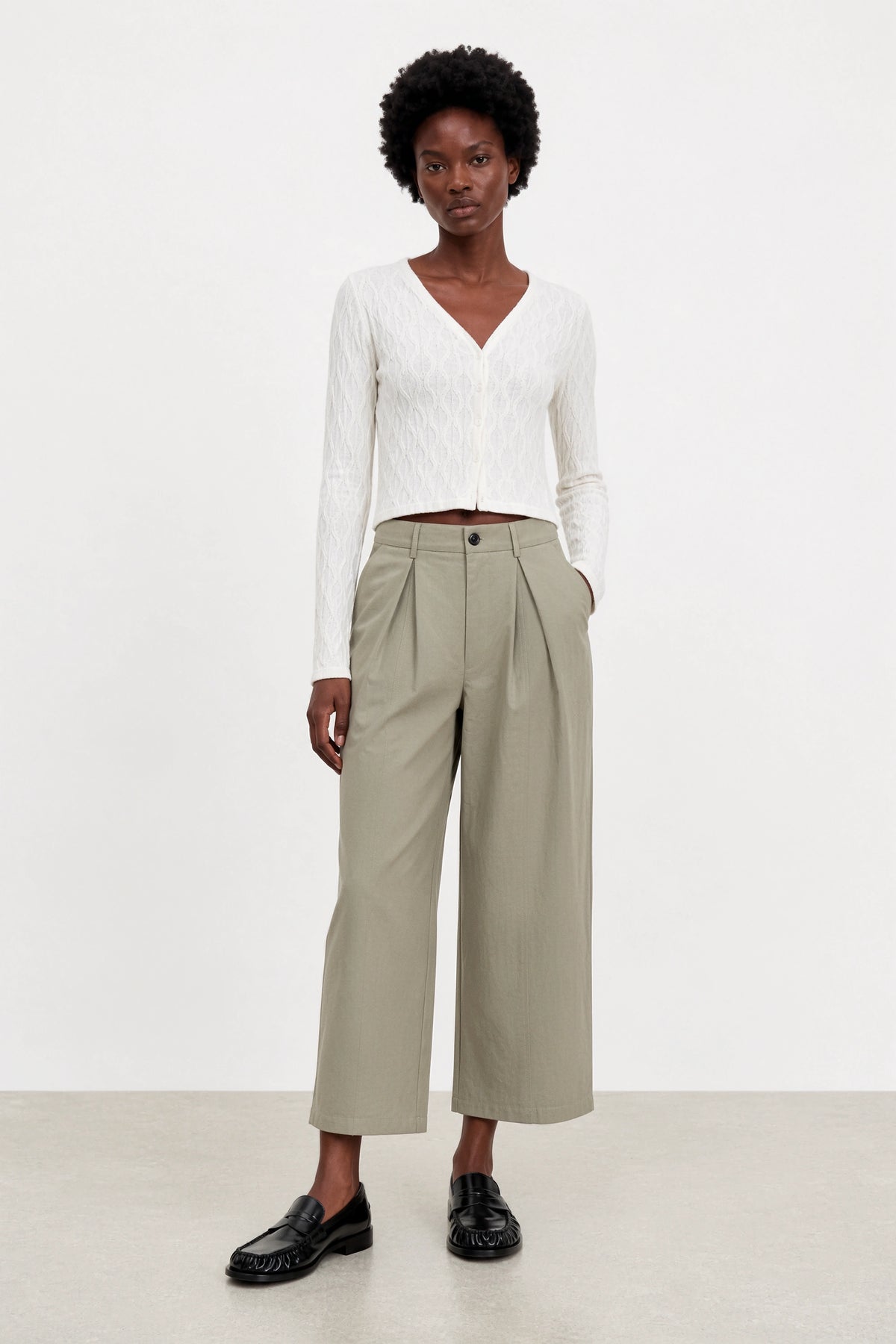 Grey beige nylon blend smart balloon leg trousers_4