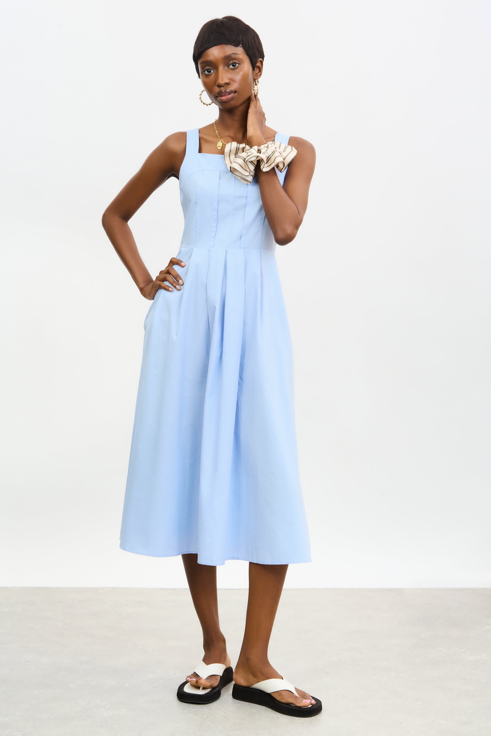 Glassworks London Pale Blue Bodice Box Pleat Midi Dress