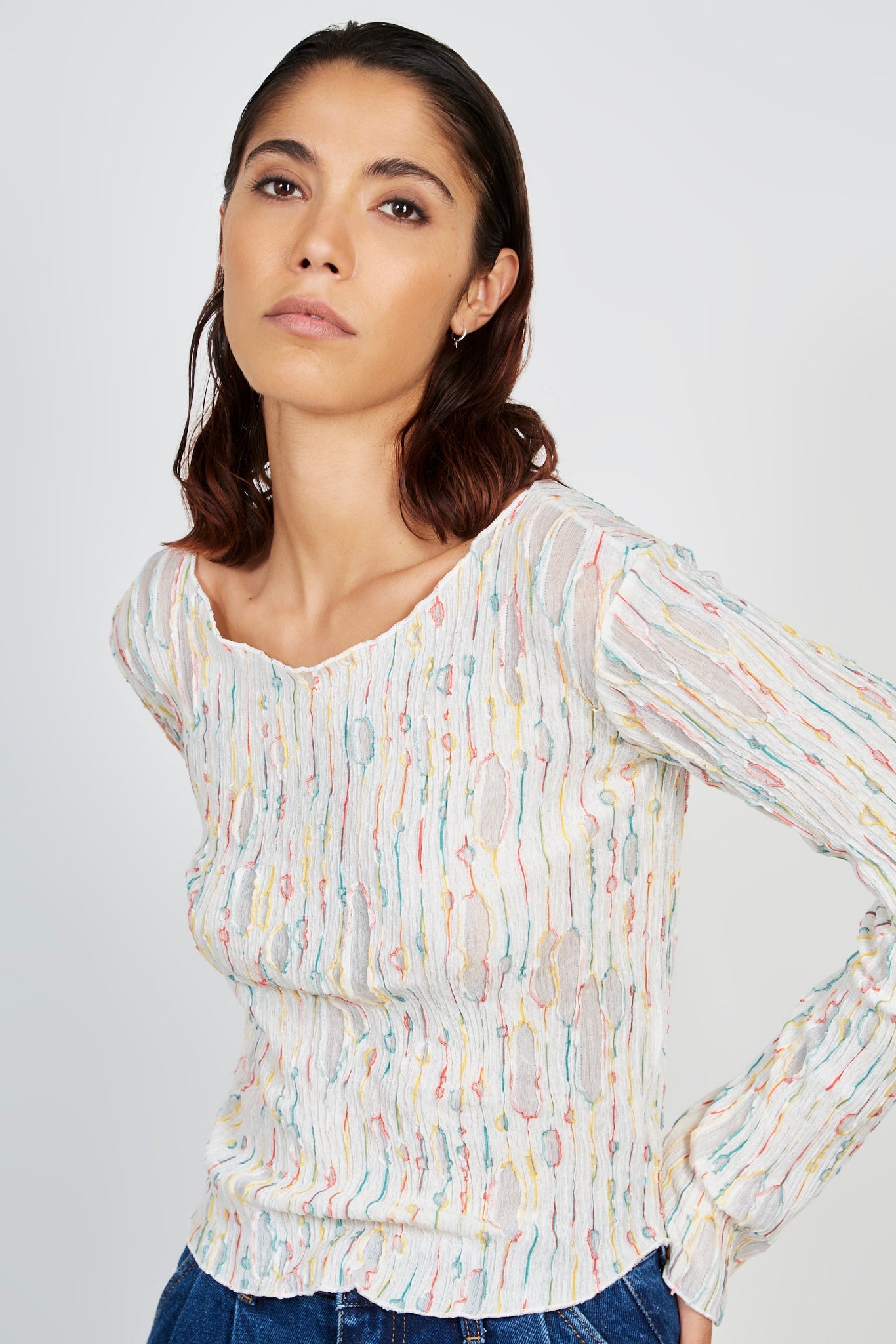 Ivory semi sheer rainbow weave blouse_1