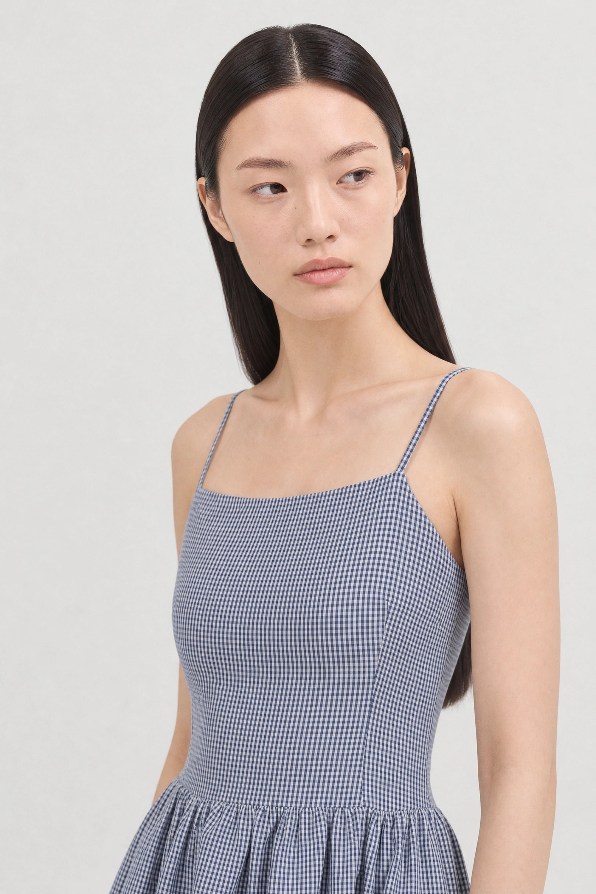 Navy blue gingham ruched back dress_4