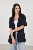 Navy blue short sleeved boxy blazer_1