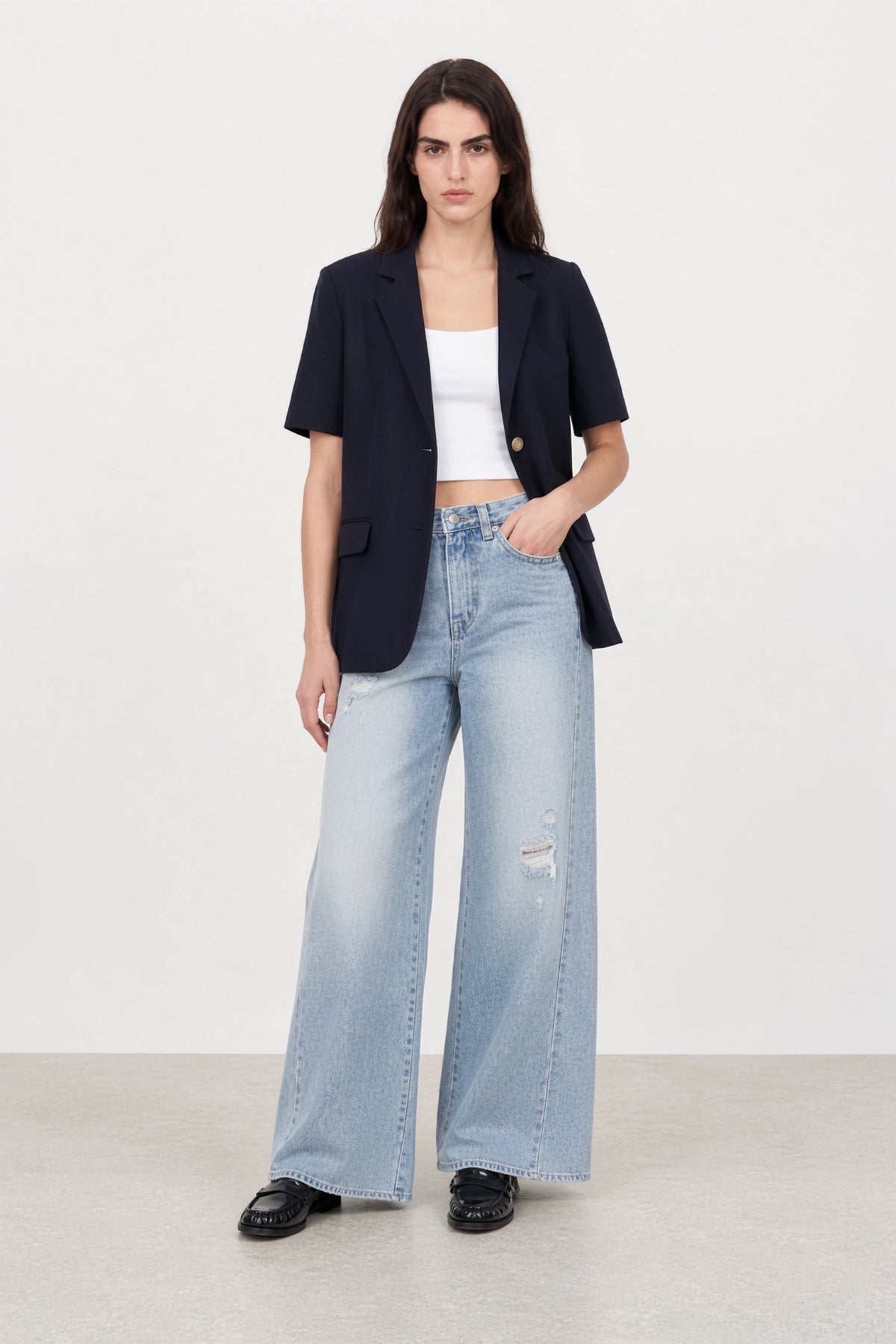 Navy blue short sleeved boxy blazer_2