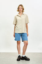 Beige textured stripe button up shirt_4