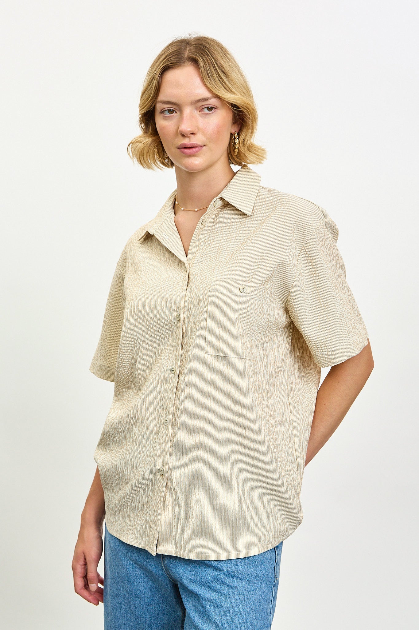 Beige textured stripe button up shirt_1