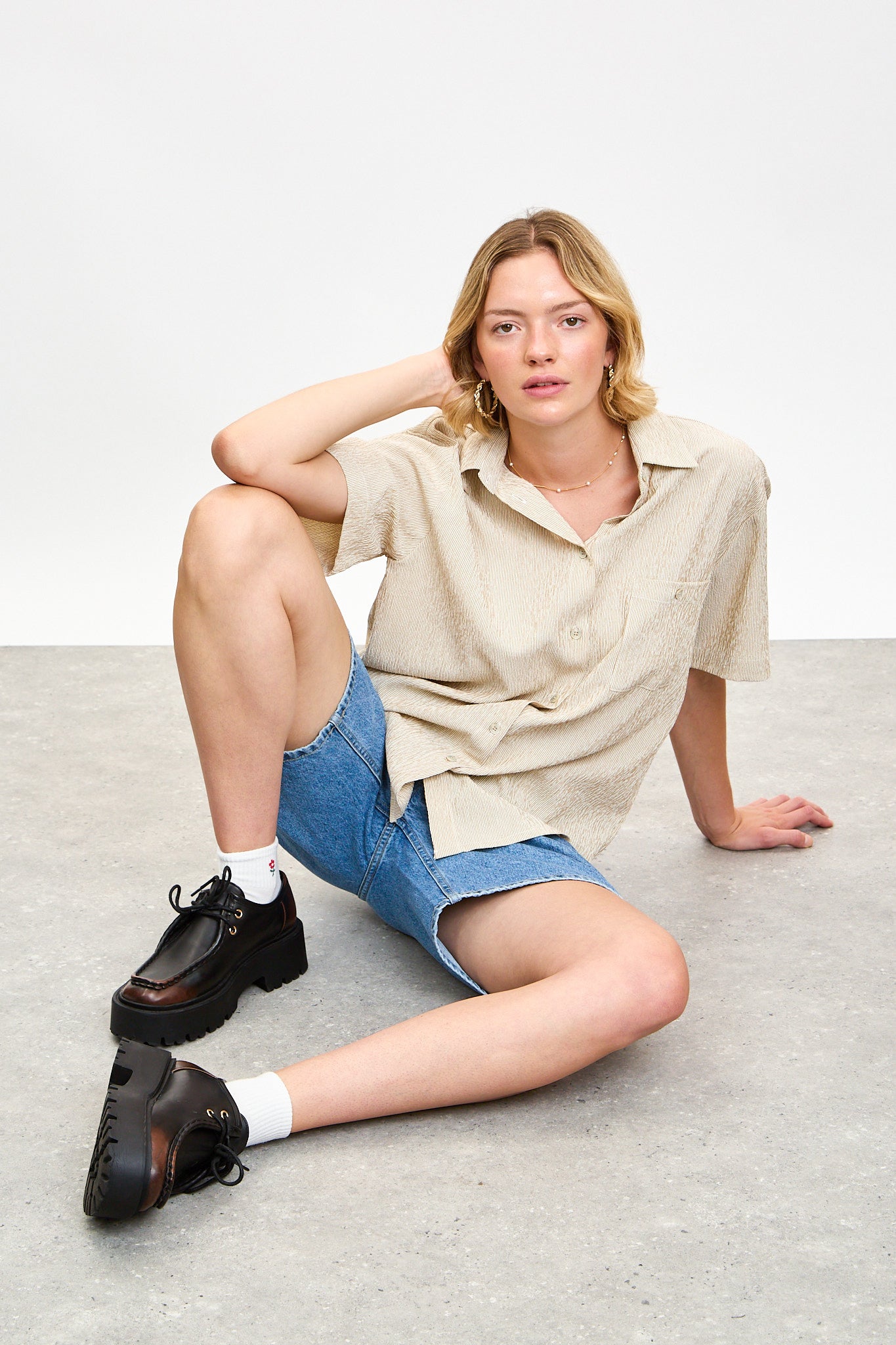 Beige textured stripe button up shirt_5