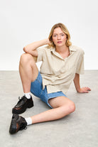 Beige textured stripe button up shirt_5